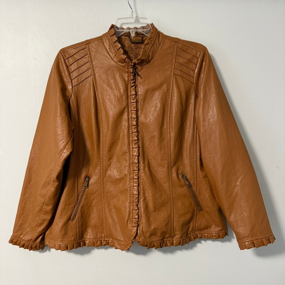 JouJou Faux Leather Ruffle Moto Jacket Cognac Brown Plus Size 3X Y2K VTG